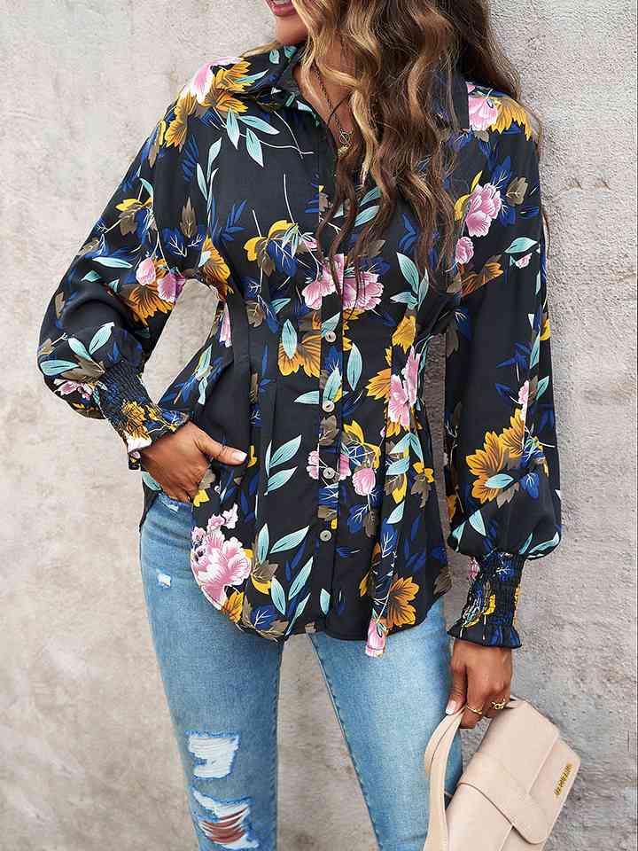 Printed Button-Up Lantern Sleeve Shirt