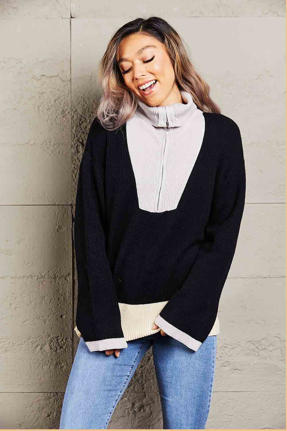 Double Take Color Block Half-Zip Dropped Shoulder Knit Pullover