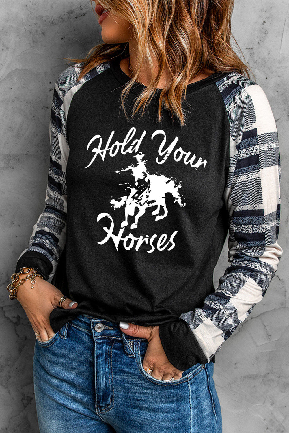 Simply Love HOLD YOUR HORSES Graphic Long Sleeve Tee