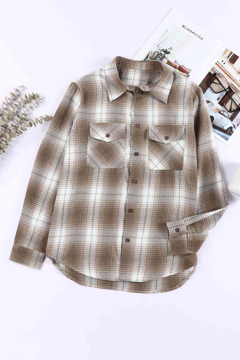 Double Take Plaid Collared Neck Long Sleeve Shirt