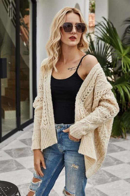 Ribbed Trim Openwork Open Front Cardigan