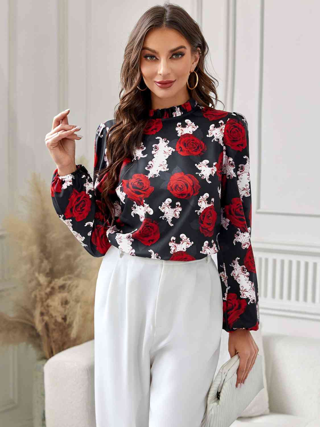 Floral Mock Neck Long Sleeve Blouse