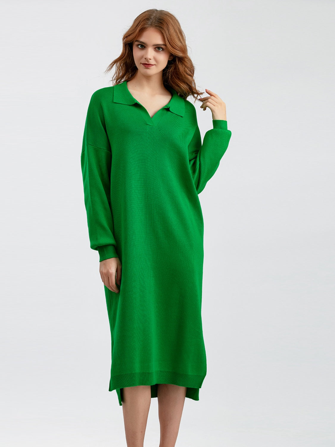 Johnny Collar Long Sleeve Slit Sweater Dress