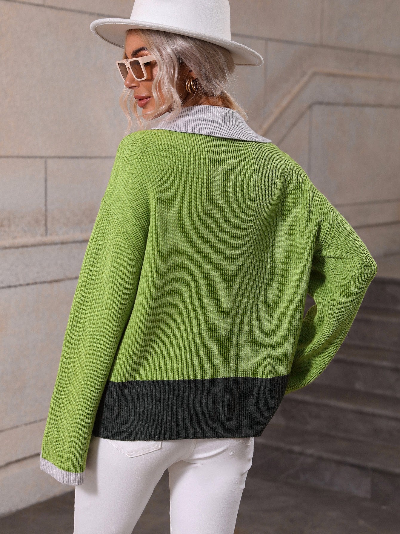 Double Take Color Block Half-Zip Dropped Shoulder Knit Pullover