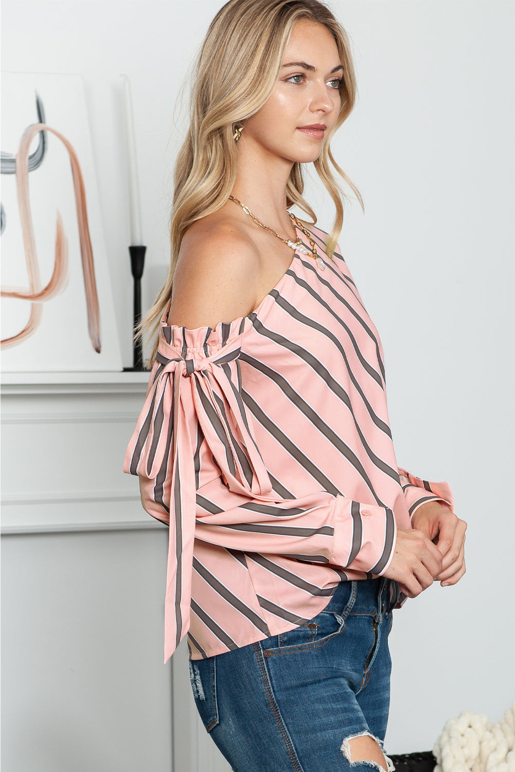 Striped Asymmetrical Long Sleeve Blouse