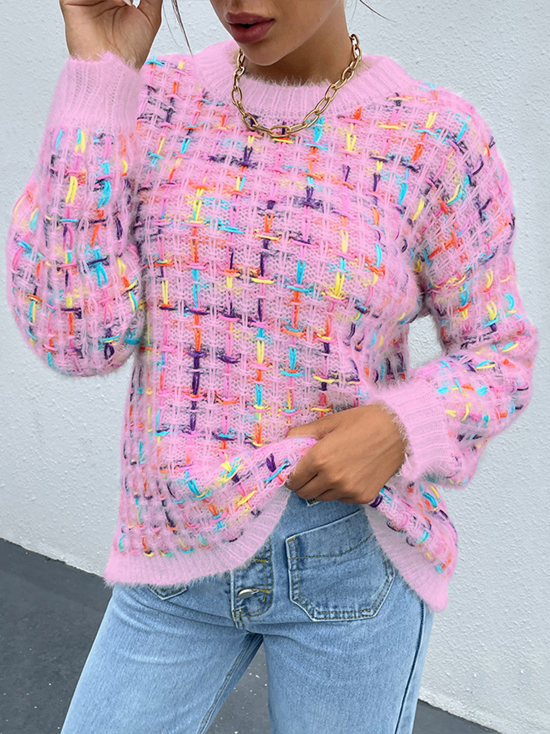 Fuzzy Round Neck Long Sleeve Sweater