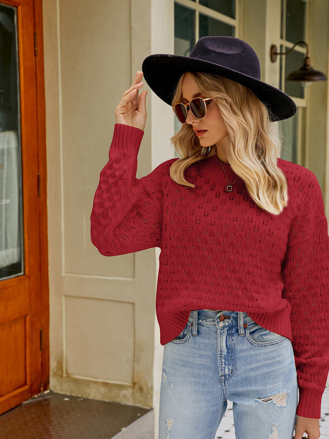 Openwork Round Neck Sweater