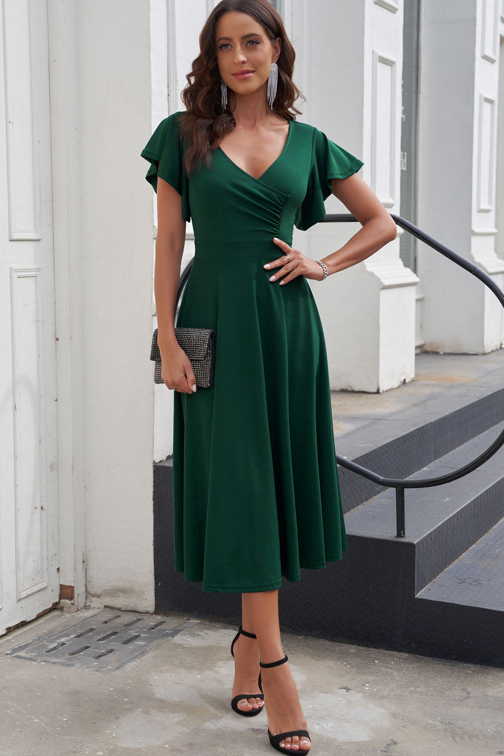 Flutter Sleeve Surplice Midi Dress