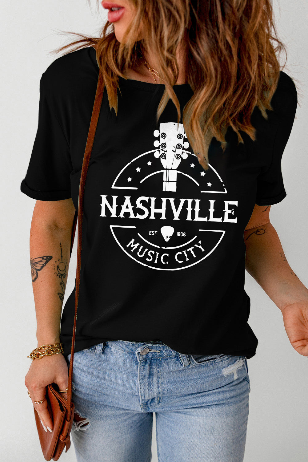 Western NASHVILLE MUSIC CITY Cuffed Graphic Tee Shirt