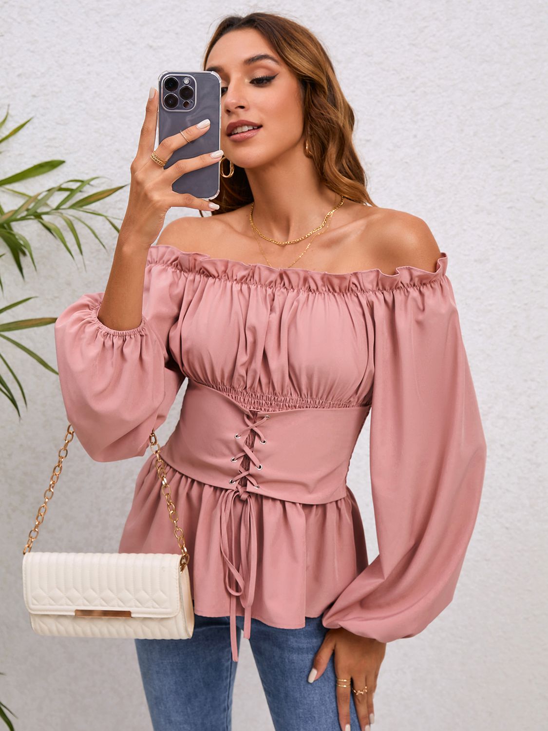 Lace-Up Balloon Sleeve Off-Shoulder Blouse