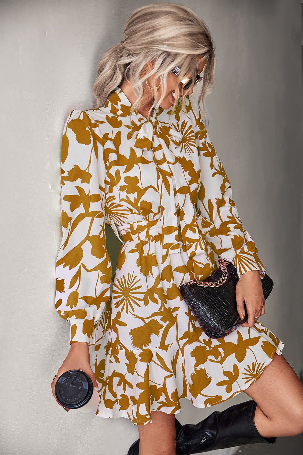 Floral Tie Neck Belted Puff Sleeve Dress