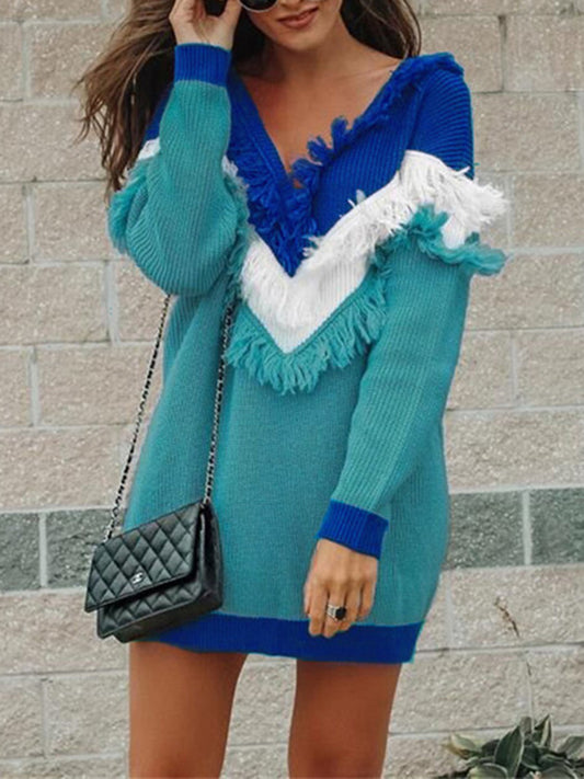 Color Block Fringed V-Neck Sweater