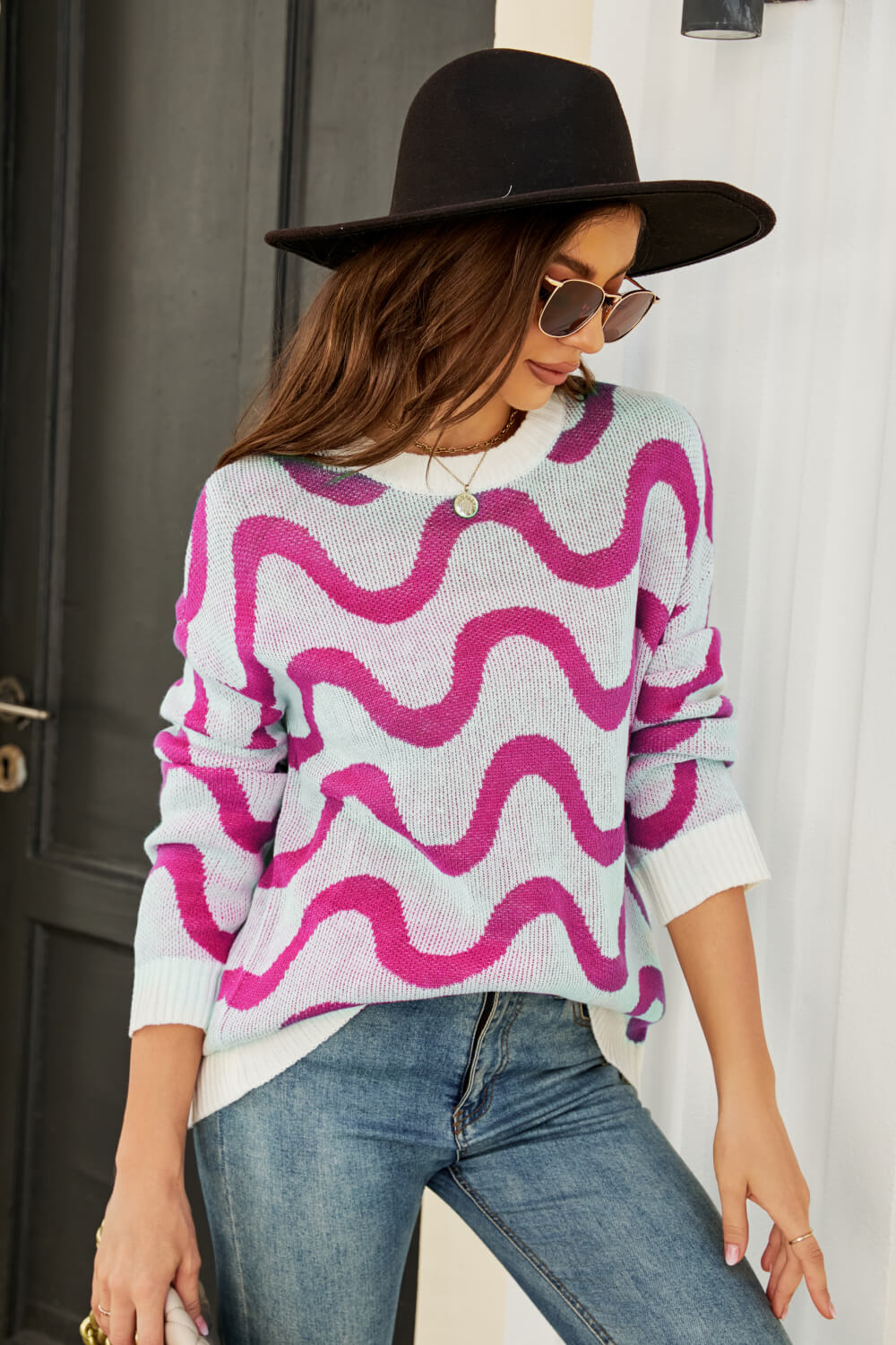 Wave Stripe Ribbed Trim Tunic Sweater