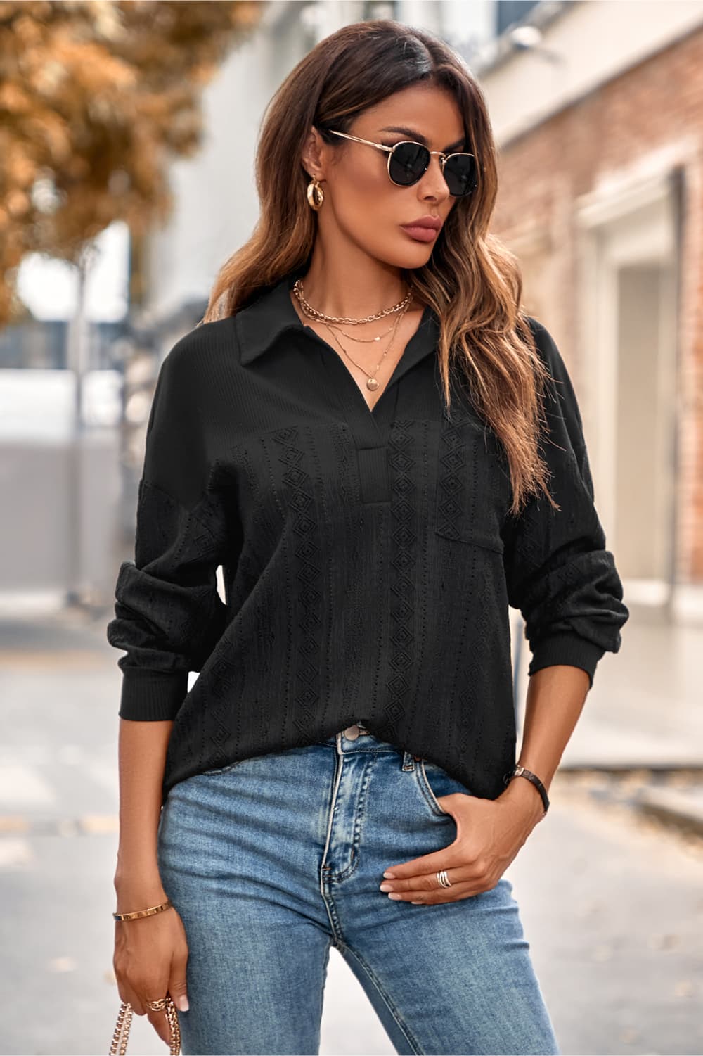 Johnny Collar Long Sleeve Blouse