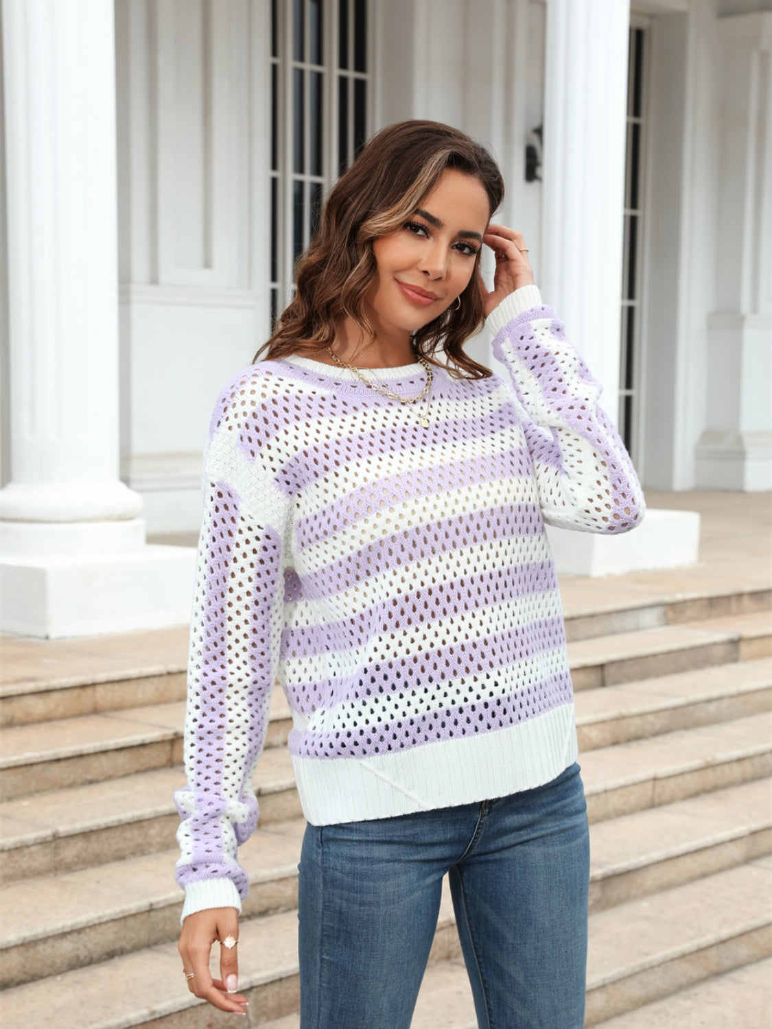 Striped Openwork Round Neck Sweater