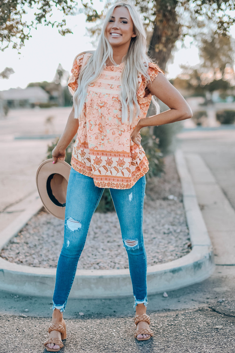 Floral Flutter Sleeve Sleeveless Blouse