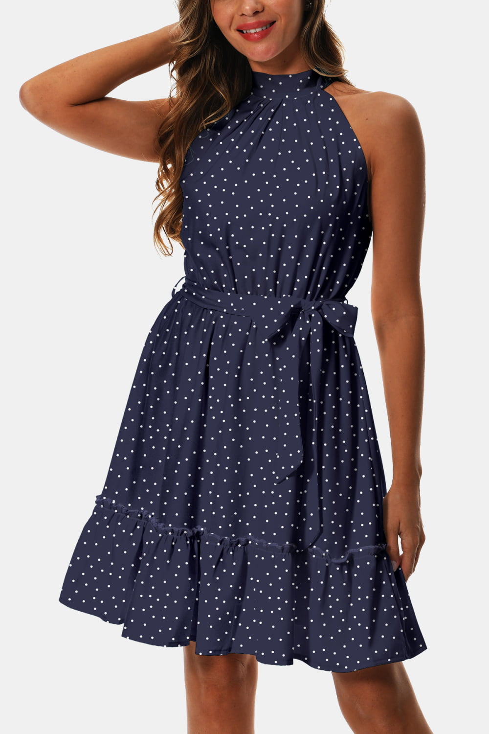 Printed Tie Waist Frill Trim Dress