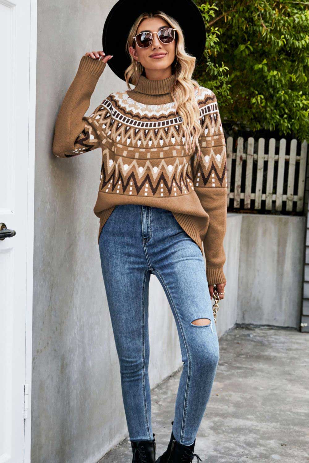 Woven Right Chevron Turtleneck Ribbed Trim Sweater