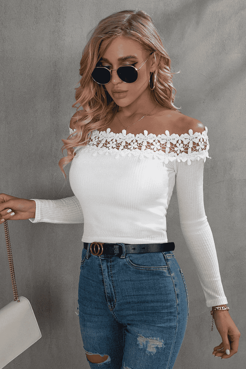 Off-Shoulder Lace Trim Ribbed Tee