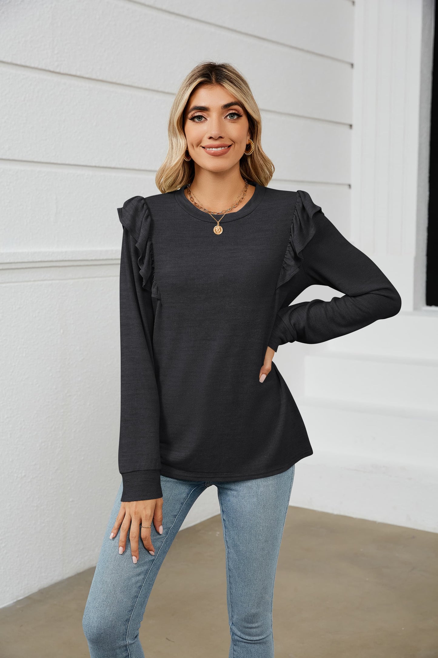 Ruffle Shoulder Long Sleeve T-Shirt