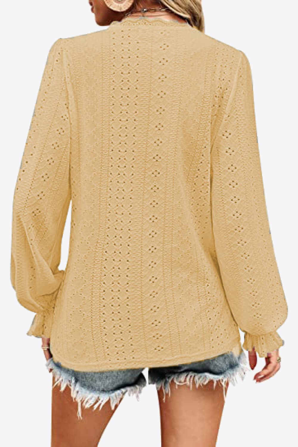 Eyelet V-Neck Flounce Sleeve Blouse