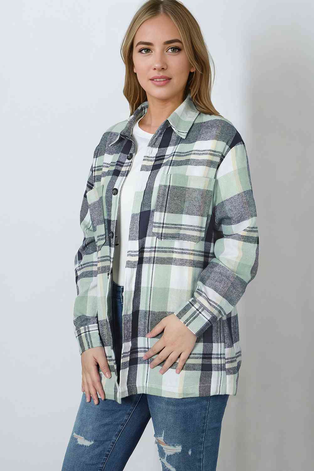 Plaid Collared Neck Long Sleeve Shirt