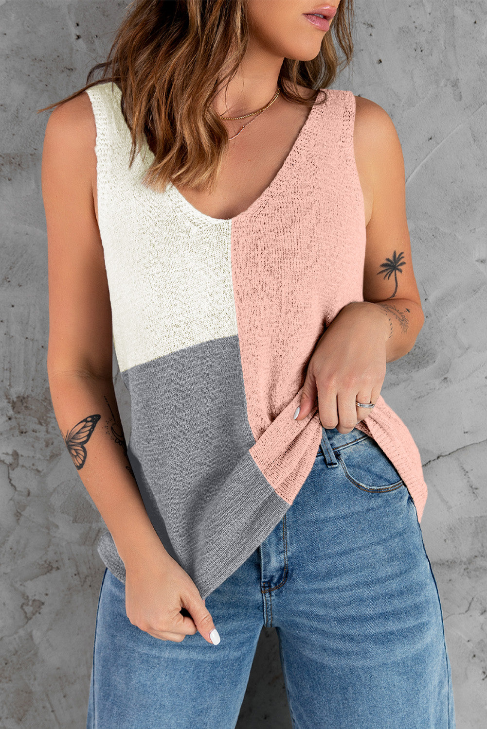 Color Block V-Neck Knitted Tank