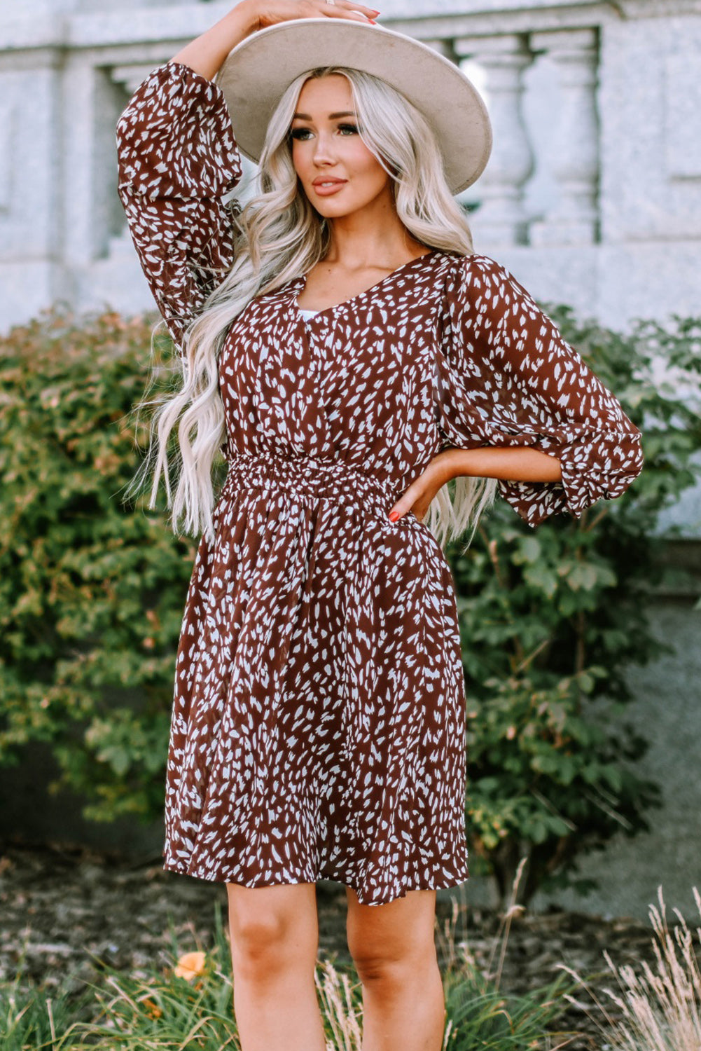 Printed Balloon Sleeve V-Neck Dress