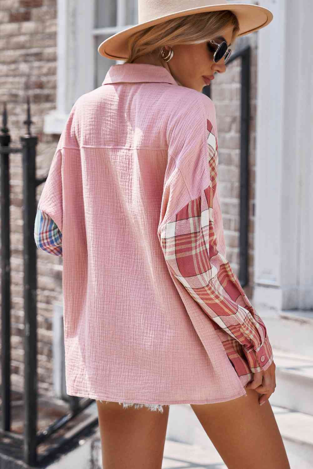 Plaid Color Block Textured Drop Shoulder Shirt Jacket