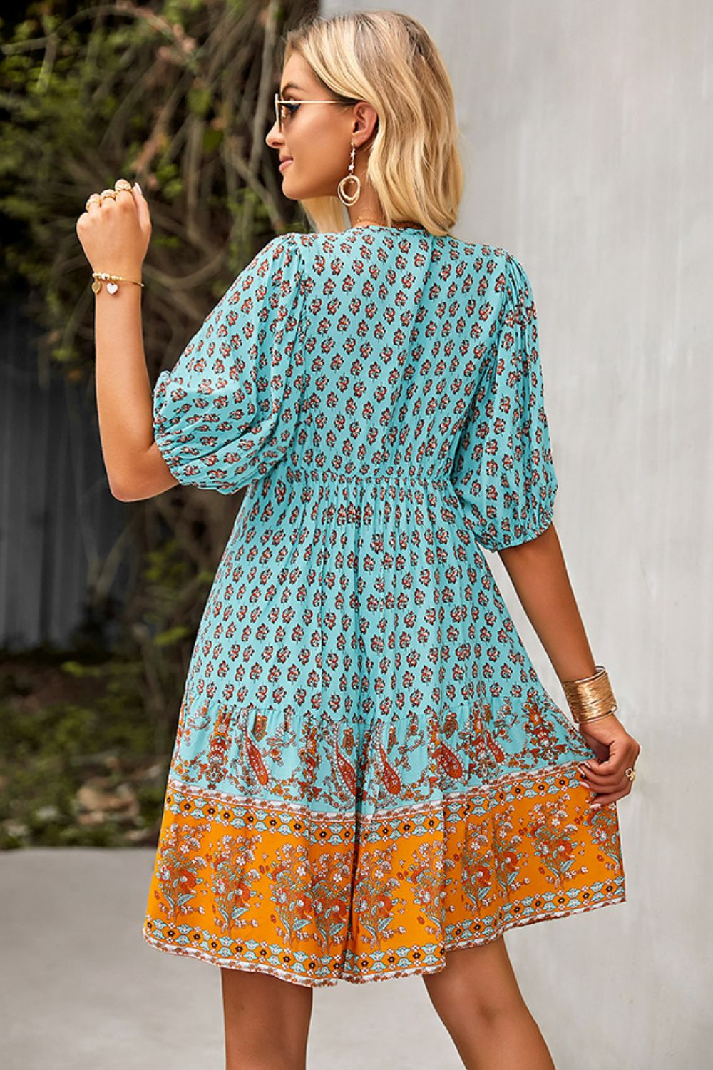 Bohemian Tie Neck Balloon Sleeve Dress