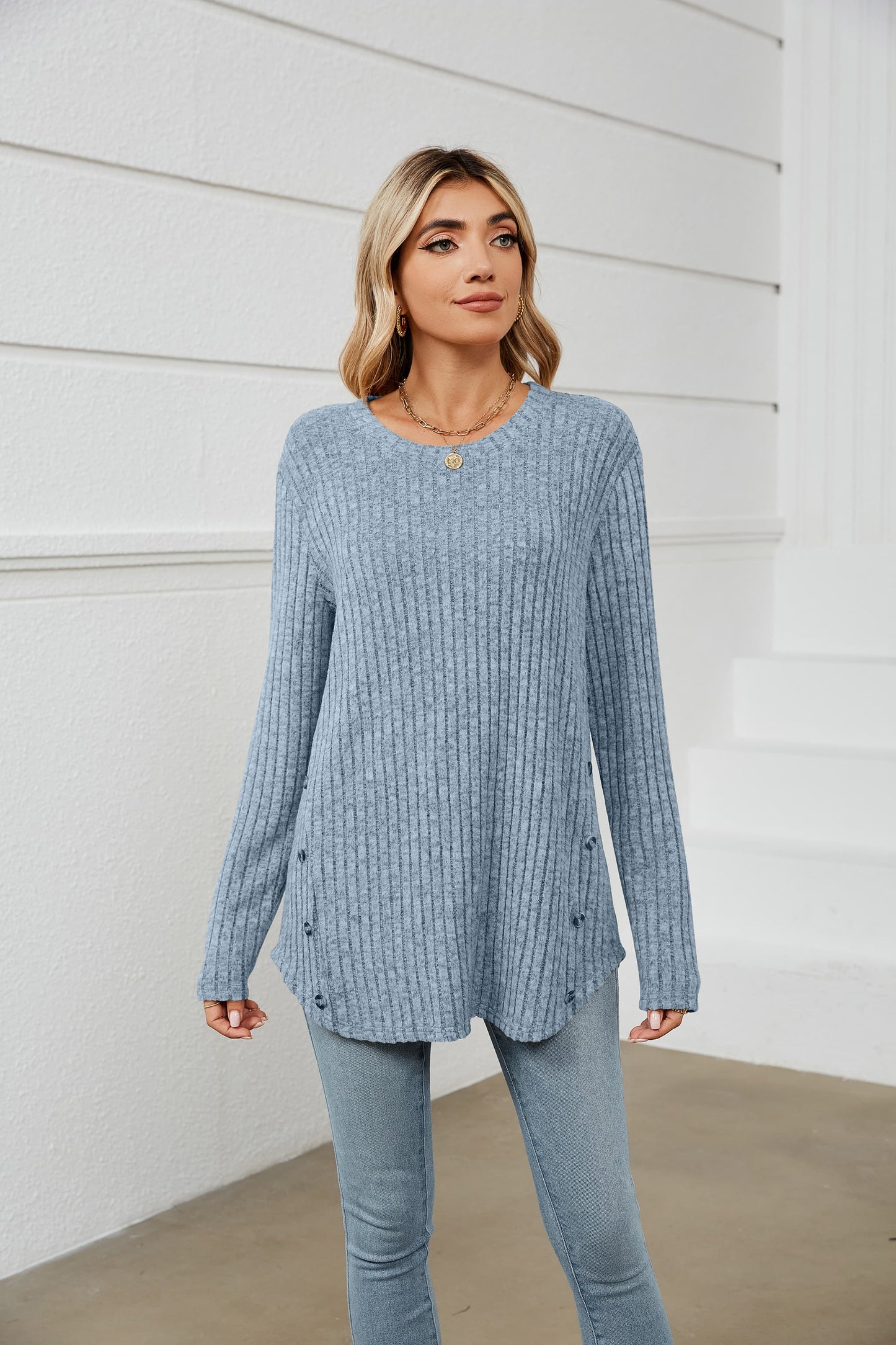 Round Neck Ribbed Long Sleeve T-Shirt