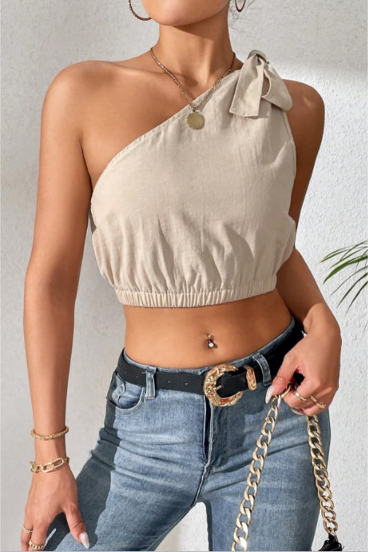 Cropped One-Shoulder Striped Tie Shoulder Tank