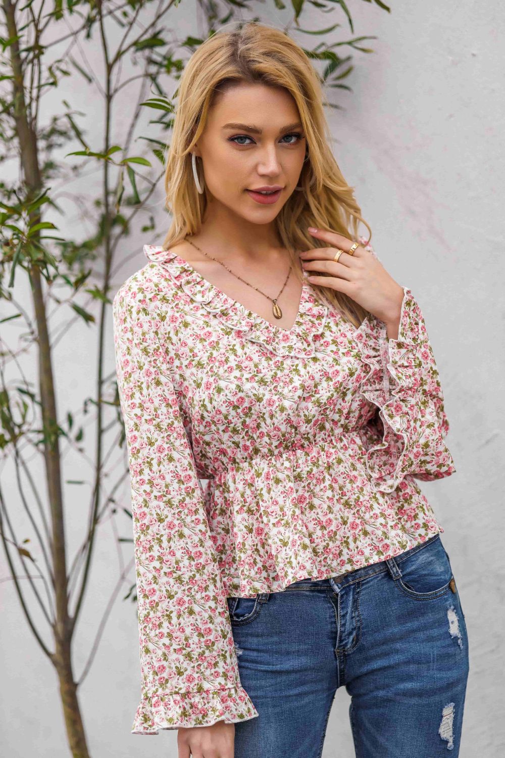 Floral Ruffled V-Neck Peplum Blouse