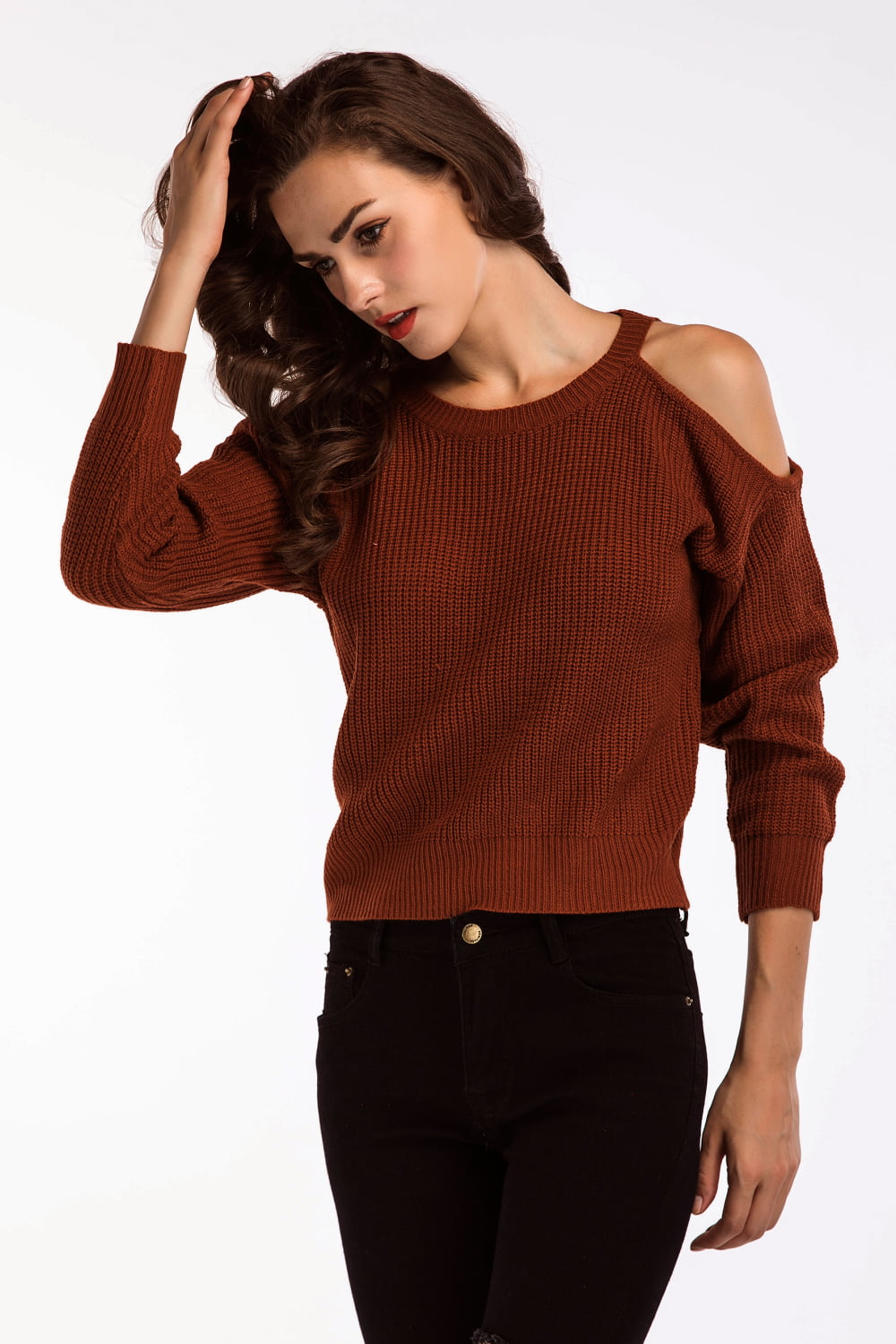 Double Take Round Neck Cold-Shoulder Ribbed Sweater