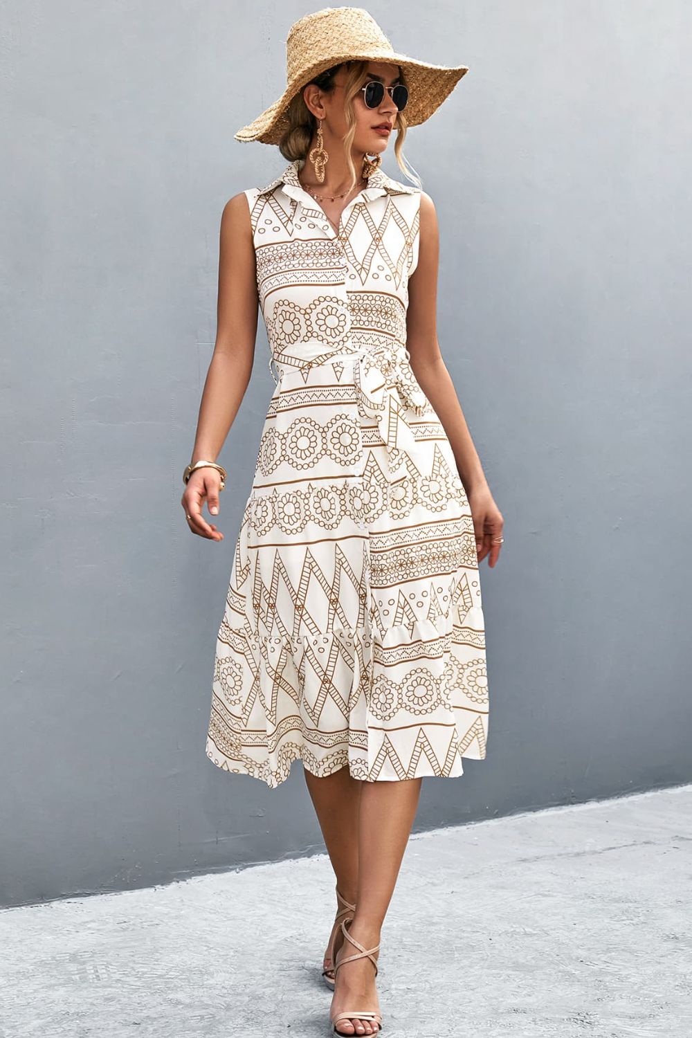 Printed Button Front Tie-Waist Sleeveless Collared Dress