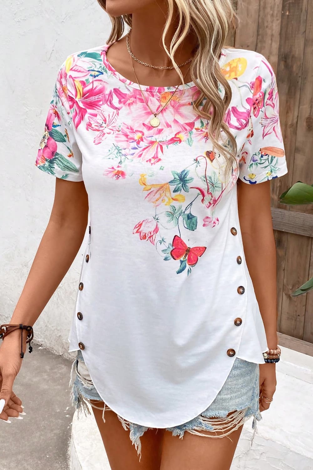 Floral Round Neck Buttoned Hem Detail Top