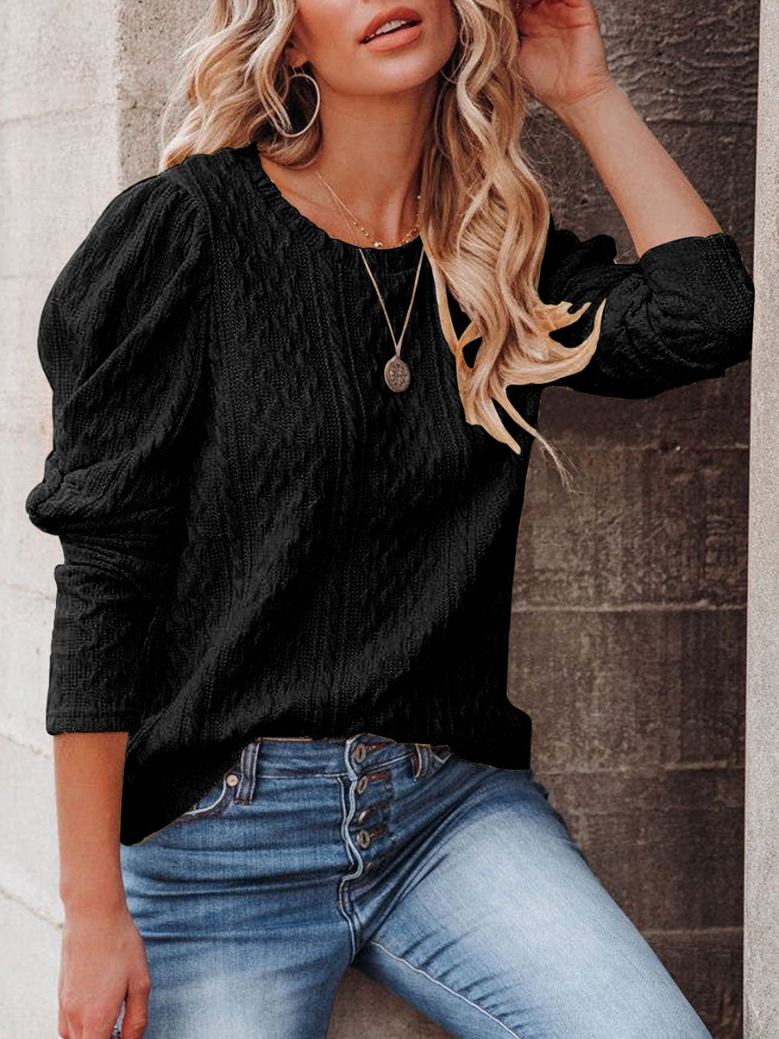 Round Neck Puff Sleeve Knit Top