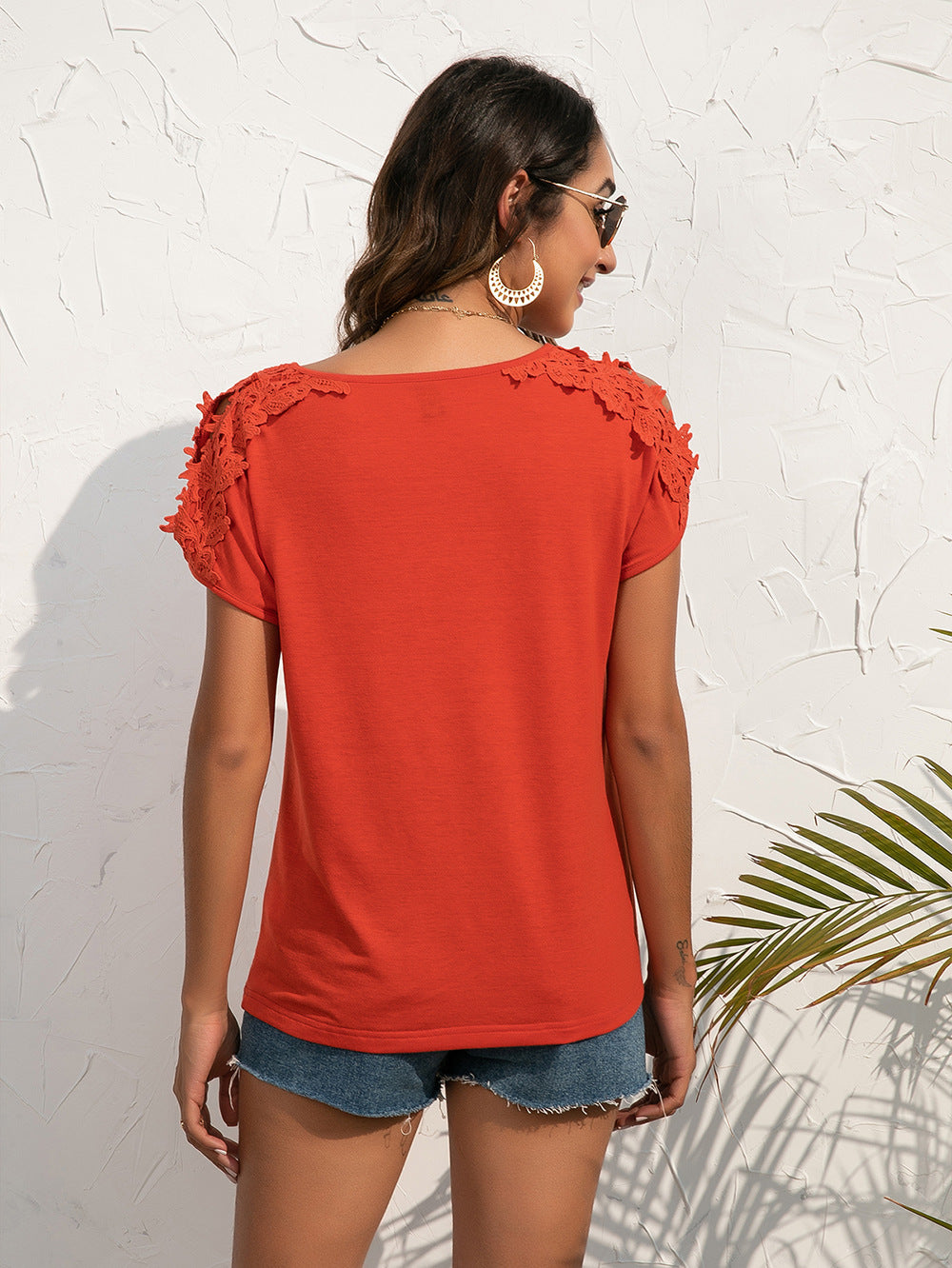 Spliced Lace Cold-Shoulder Blouse