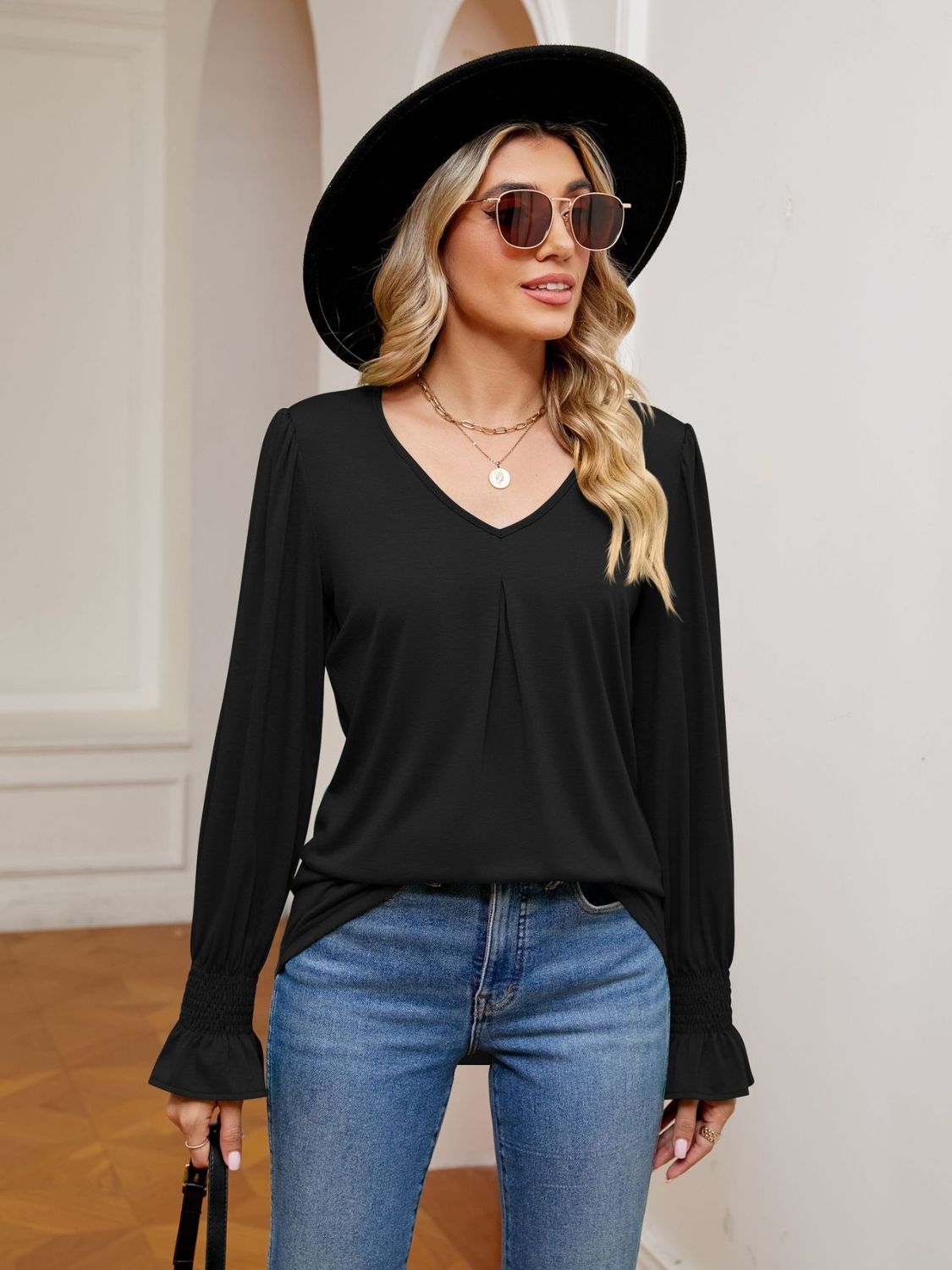 V-Neck Flounce Sleeve Blouse