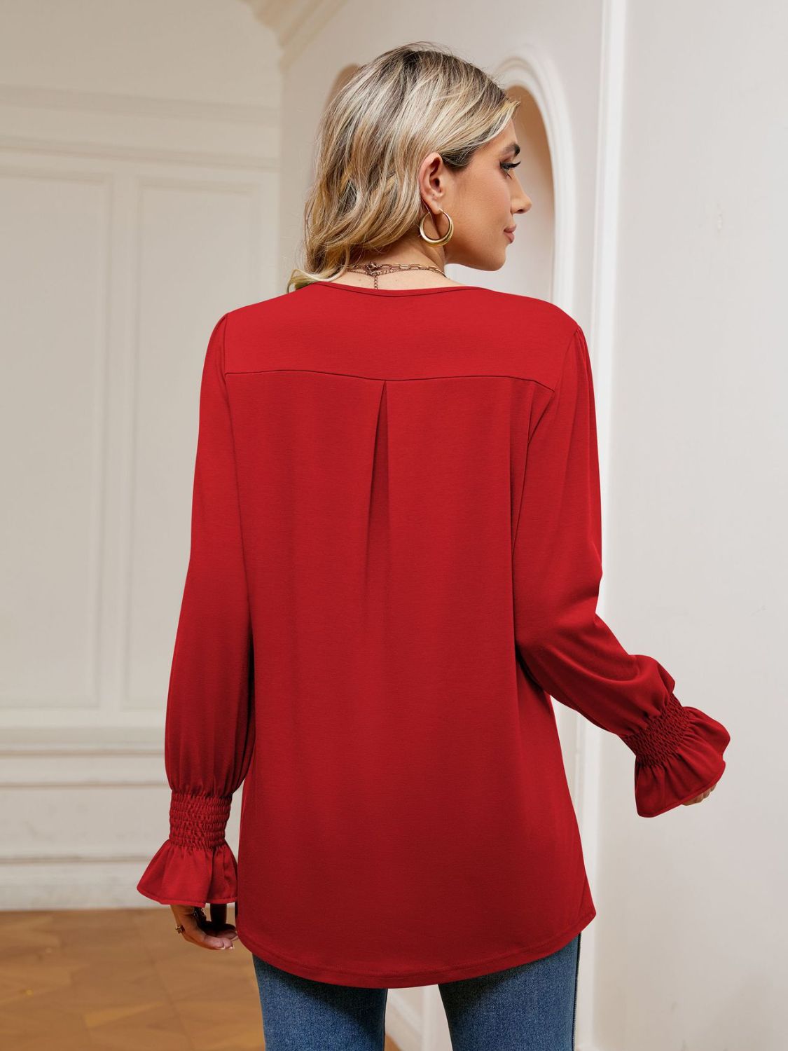 V-Neck Flounce Sleeve Blouse