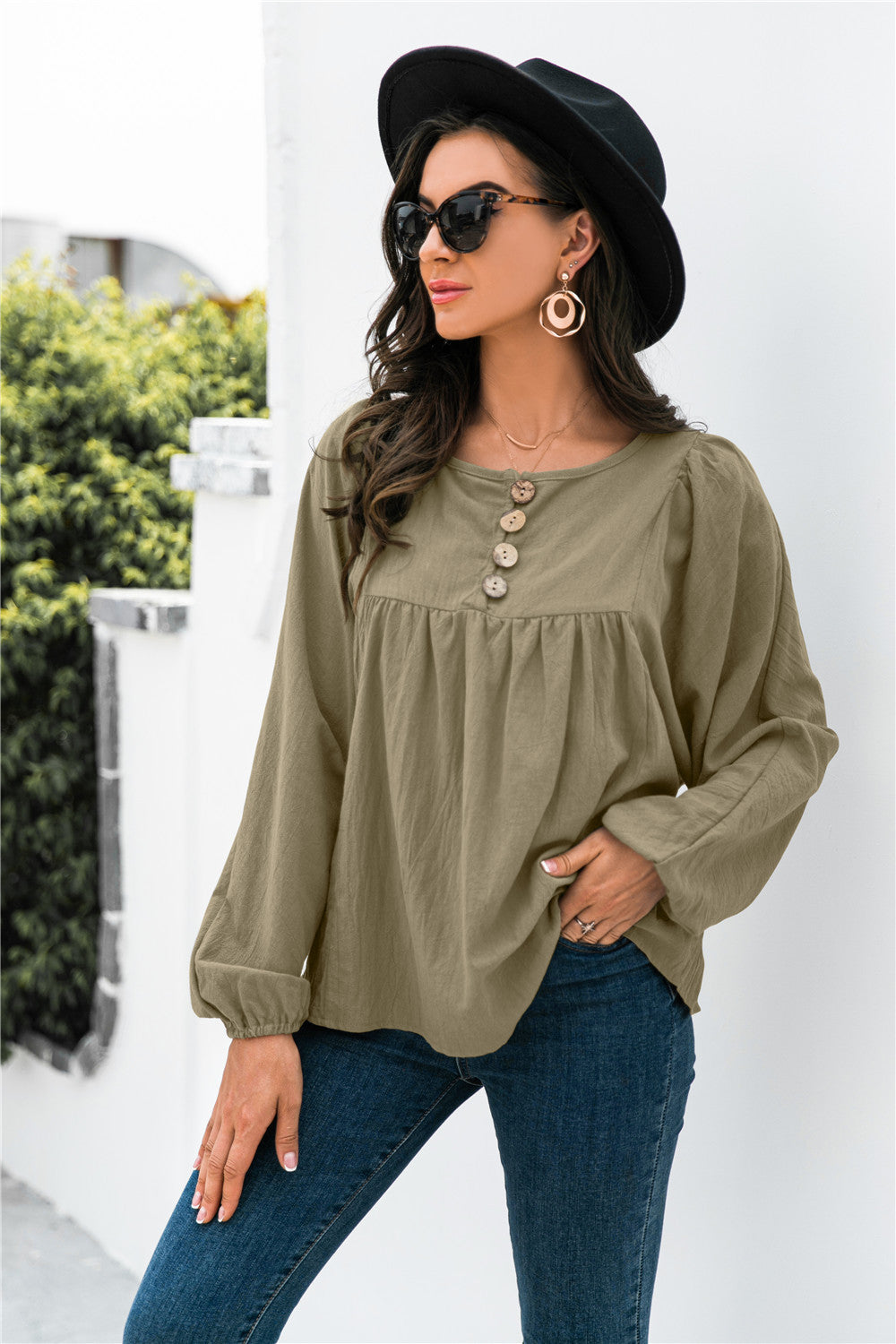 Button Up Balloon Sleeve Blouse