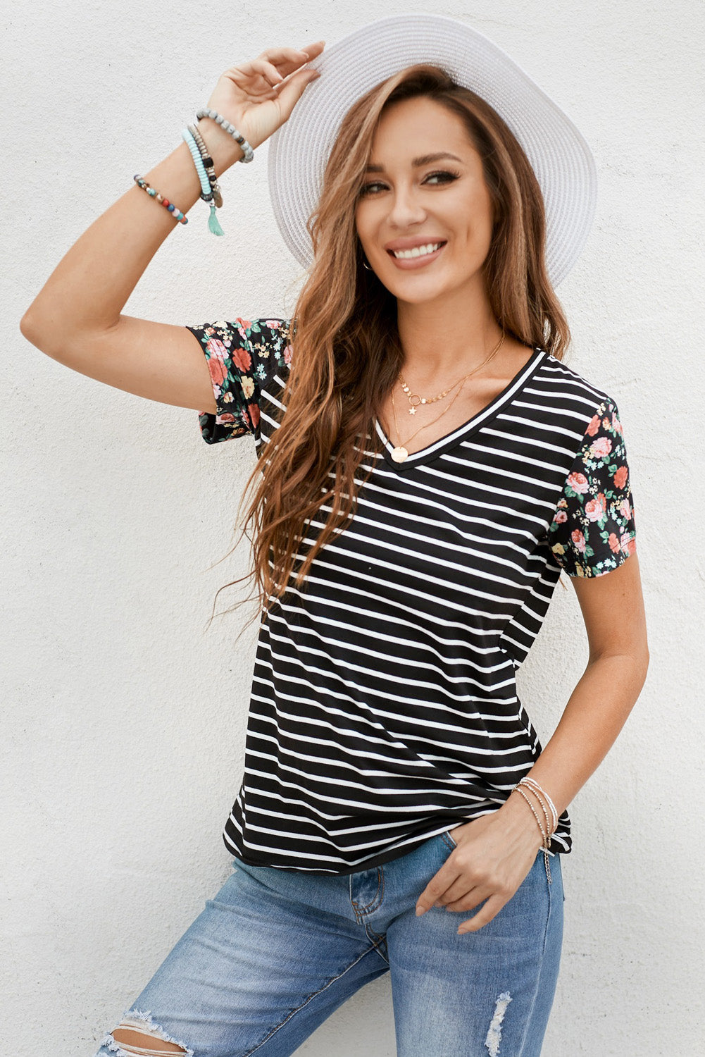 Floral Sleeves Striped T-shirt