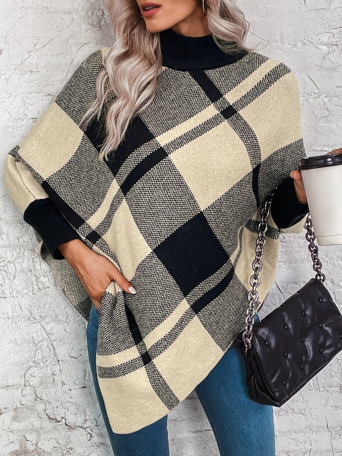 Plaid Turtleneck Poncho