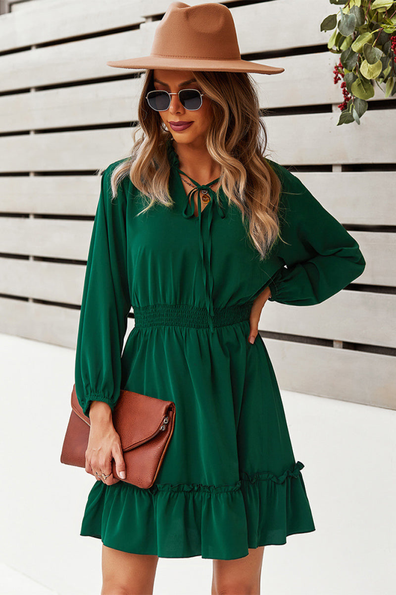 Tie Neck Smocked Waist Ruffle Hem Dress