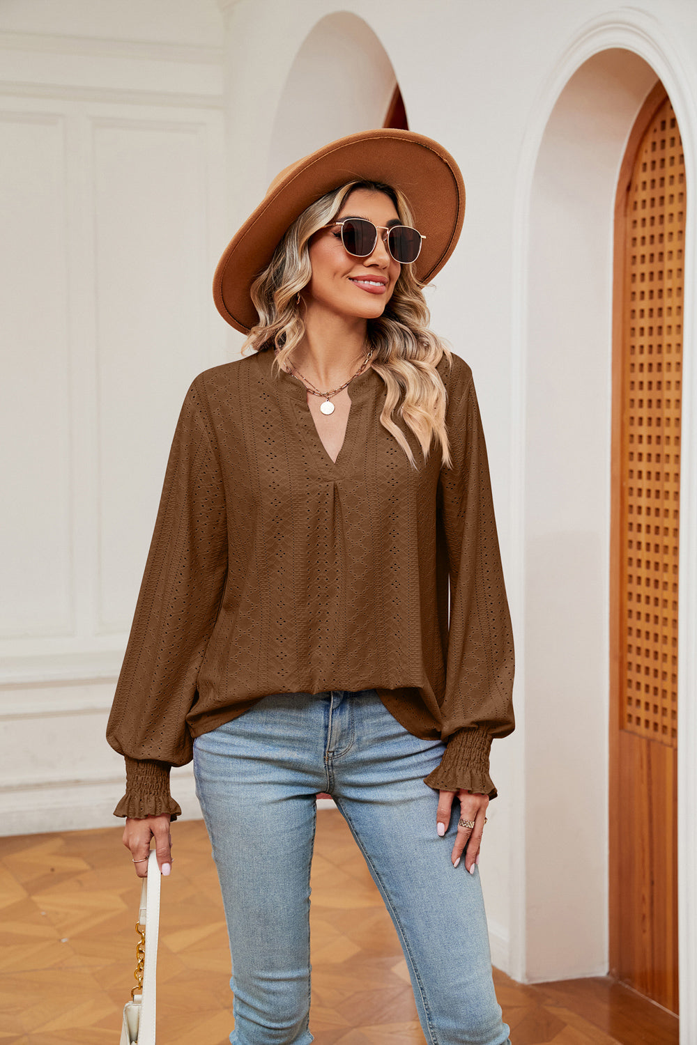 Notched Neck Flounce Sleeve Blouse