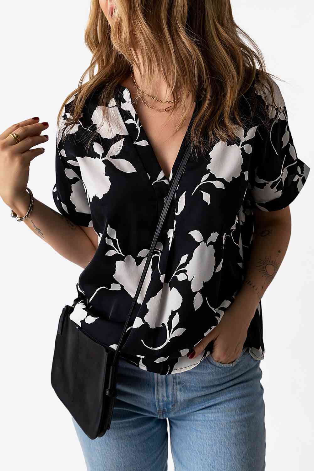 Floral Notched Neck Cuffed Short Sleeve Blouse