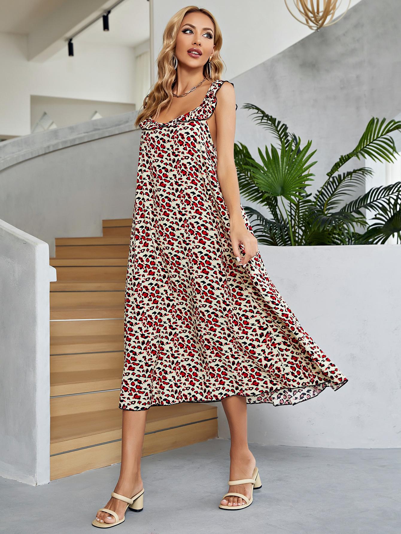 Printed Ruffled Sleeveless Midi Dress