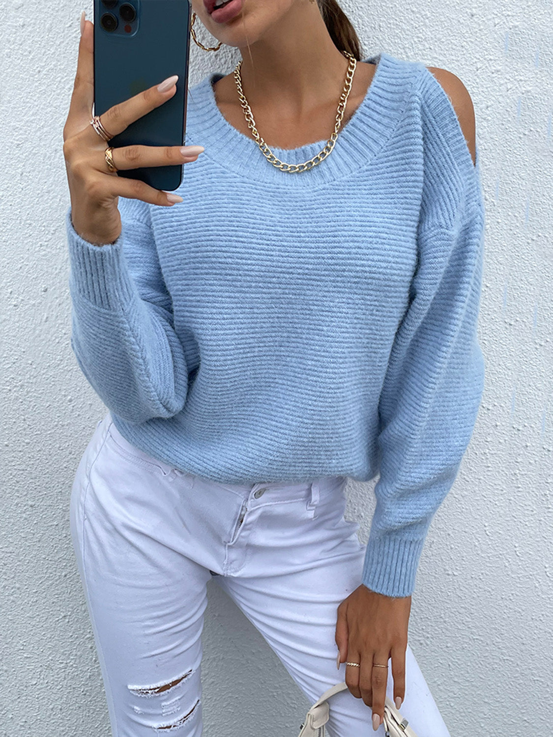 Round Neck Cold Shoulder Sweater