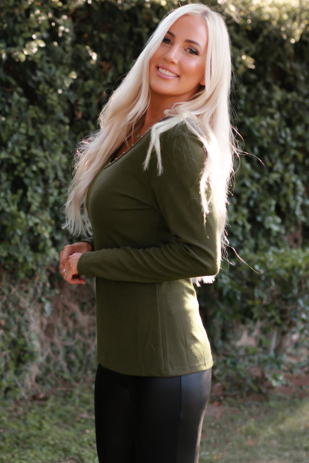 Studded Grommet V-Neck Long Sleeve Top