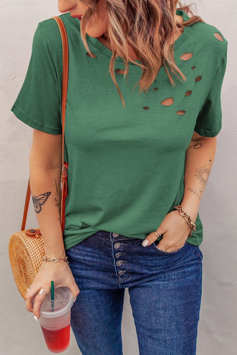 Distressed Short Sleeve Round Neck Tee